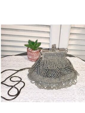 Vintage Silver beaded evening purse with long chain